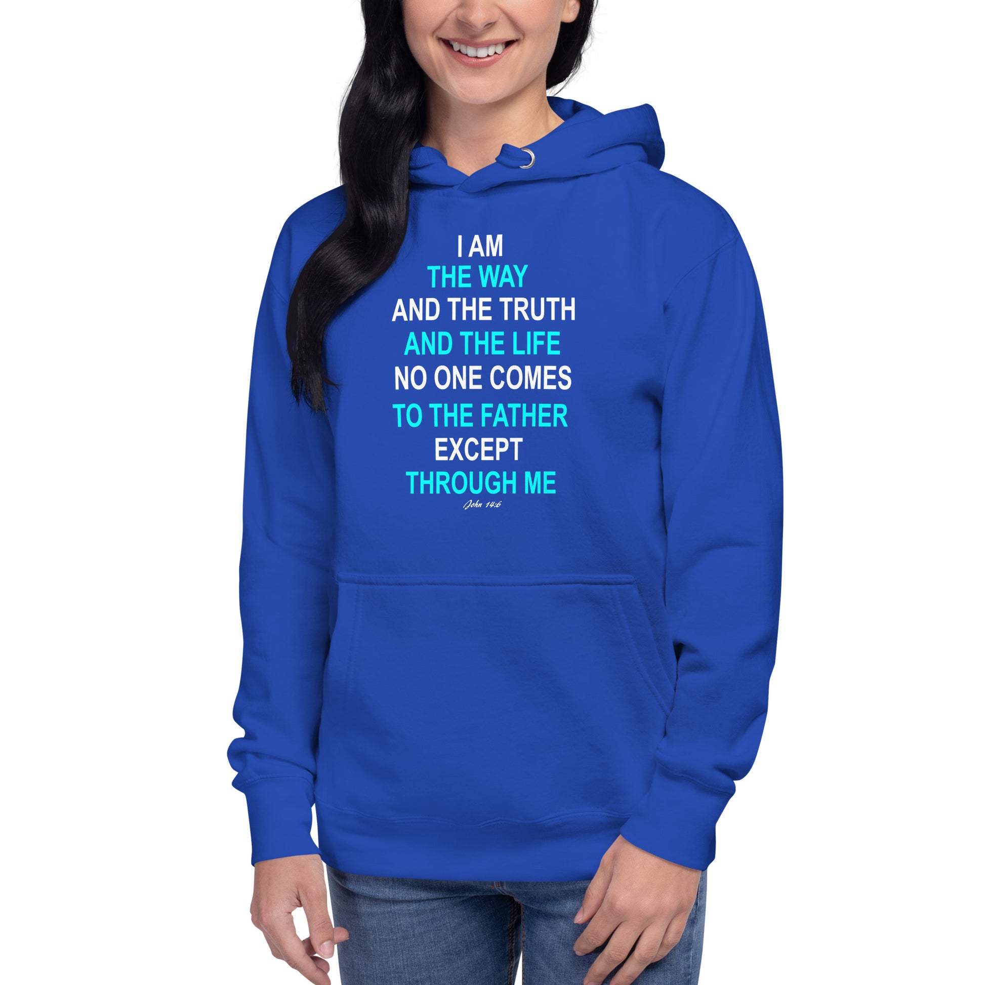 Tees of Worship blue hoodie featuring I am the way religious text design for faith-inspired wear