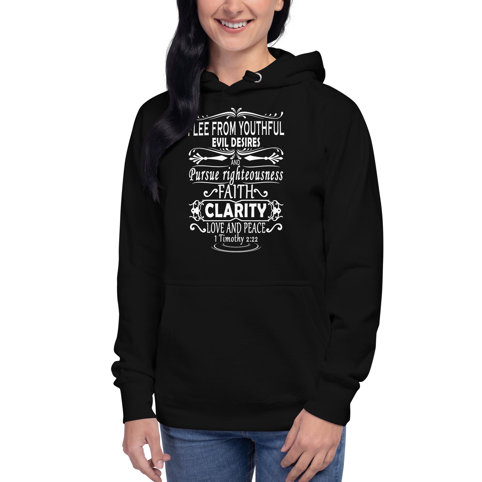 Black Tees of Worship hoodie with white text design featuring the phrase Flee from youthful evil desires