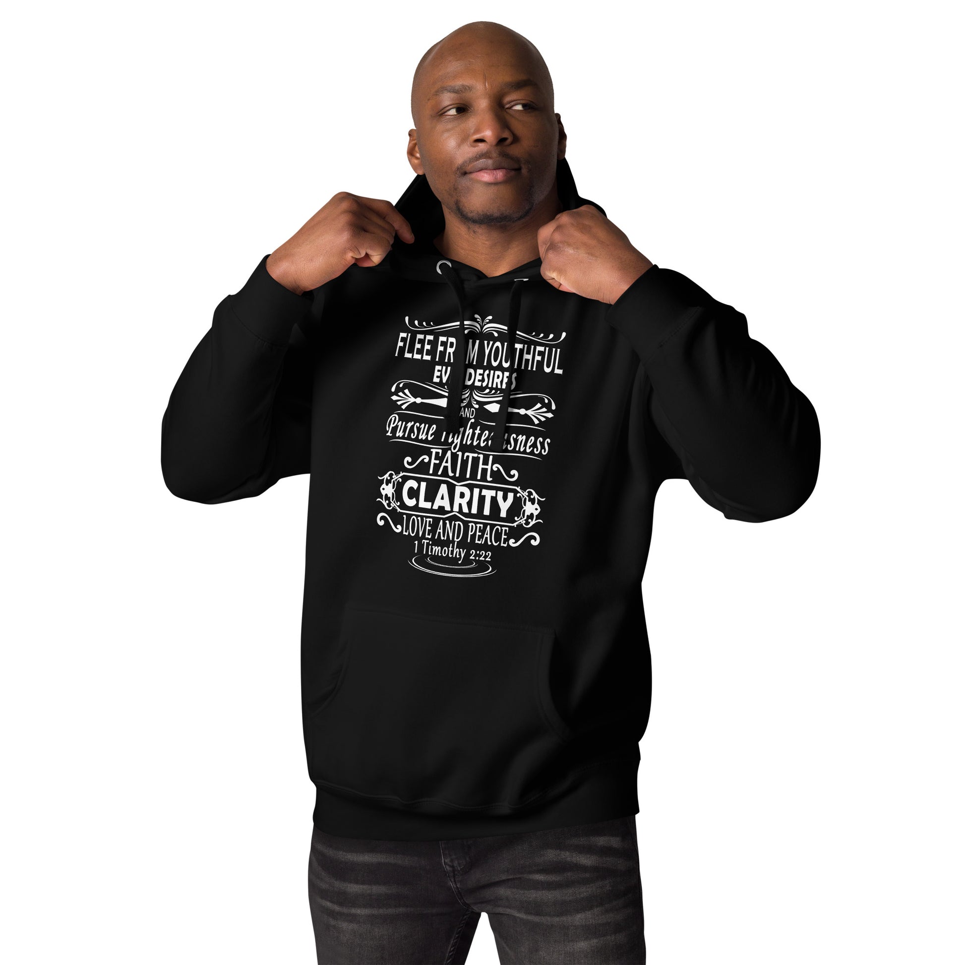 Tees of Worship black hoodie with white scripture text featuring Flee from youthful evil desires design