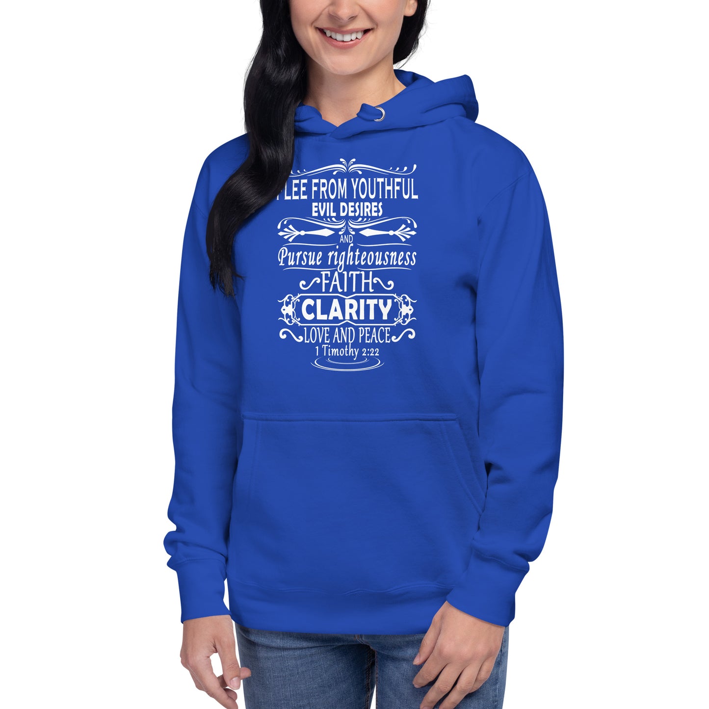 Tees of Worship blue hoodie with white text featuring the message Flee from youthful evil desires and pursue righteousness