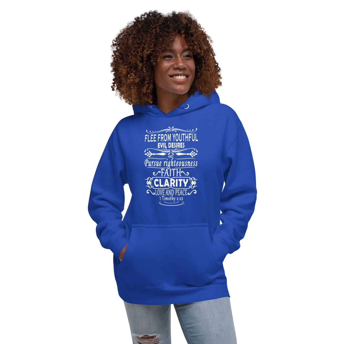 Blue hoodie from Tees of Worship with white scripture text design featuring Flee from youthful evil desires