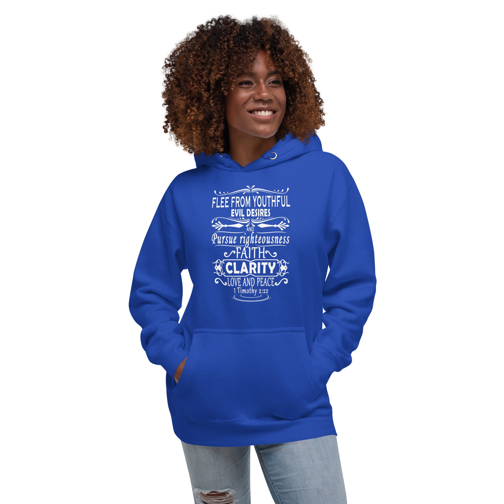 Blue hoodie from Tees of Worship with white scripture text design featuring Flee from youthful evil desires