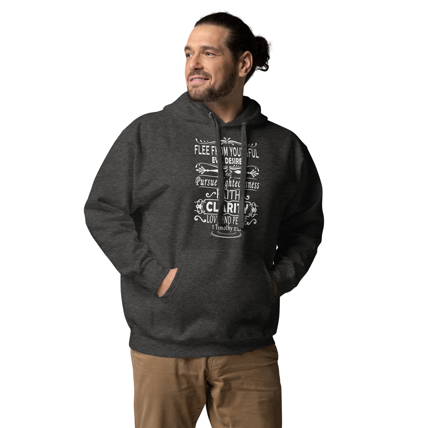 Dark gray hoodie from Tees of Worship with white text design featuring the phrase flee from youthful evil desires