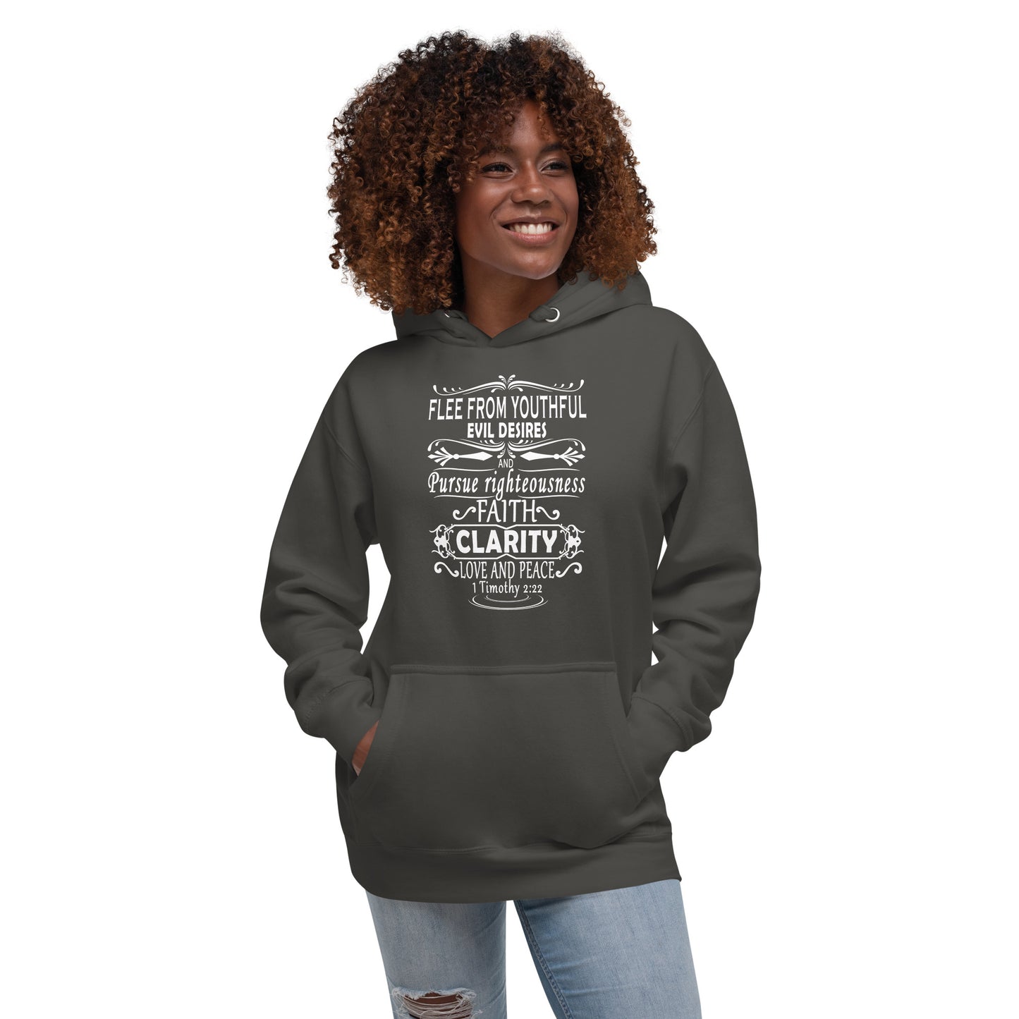 Tees of Worship hoodie with Flee from youthful evil desires faith and clarity design in dark gray