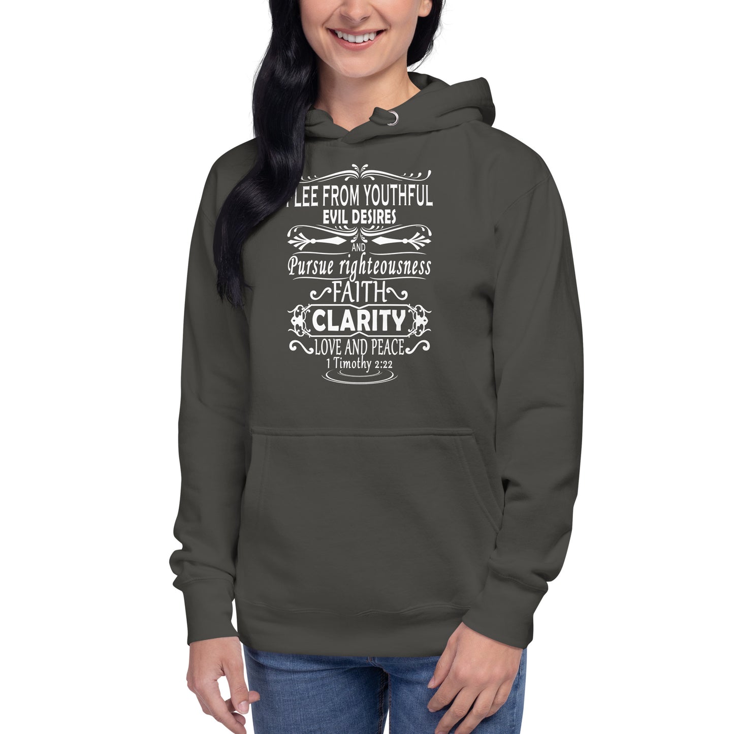 Tees of Worship dark gray hoodie with white text design featuring the message Flee from youthful evil desires