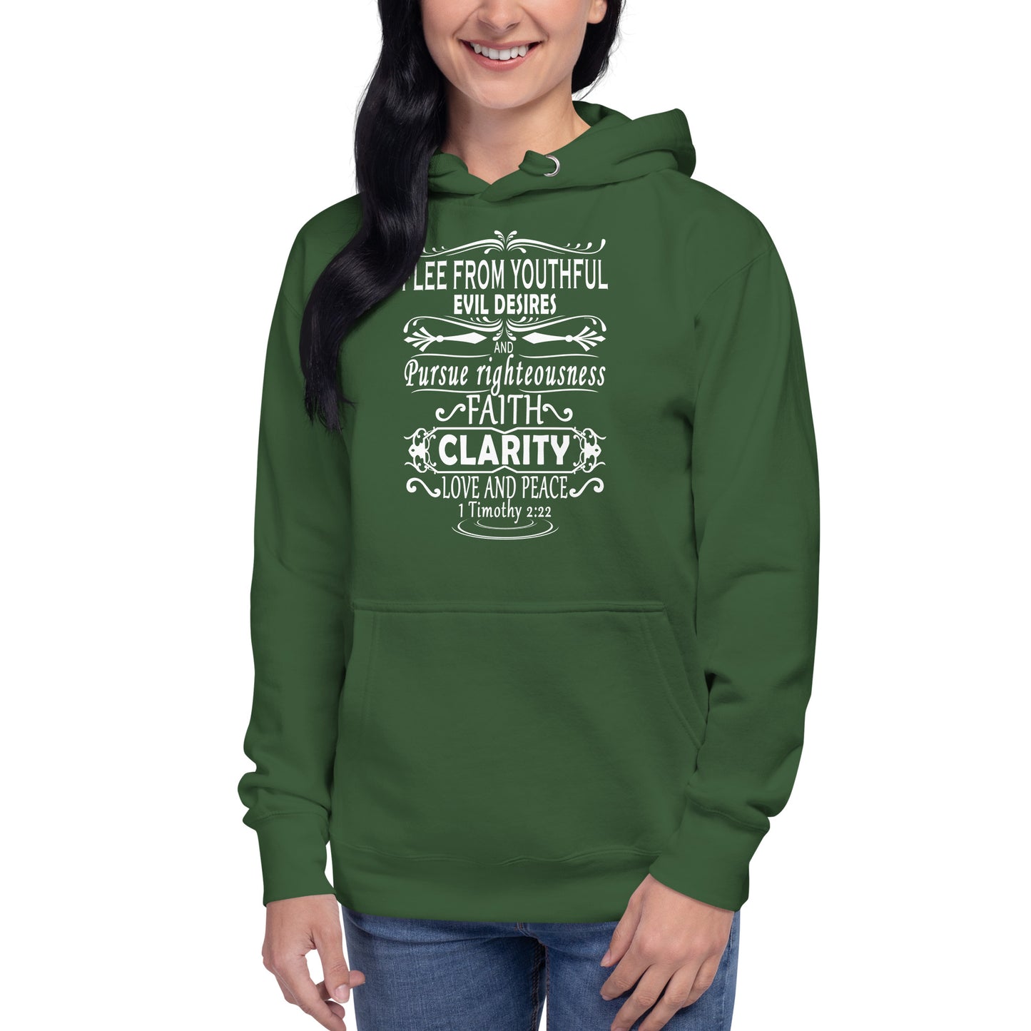 Green hoodie from Tees of Worship with white text reading Flee from youthful evil desires and faith clarity design