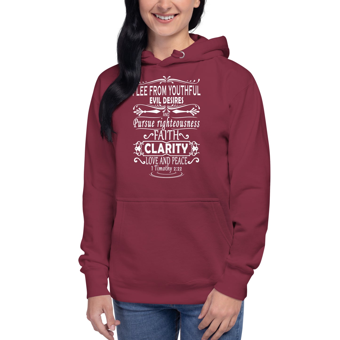 Tees of Worship maroon hoodie with white text design featuring Flee from youthful evil desires and Bible verse
