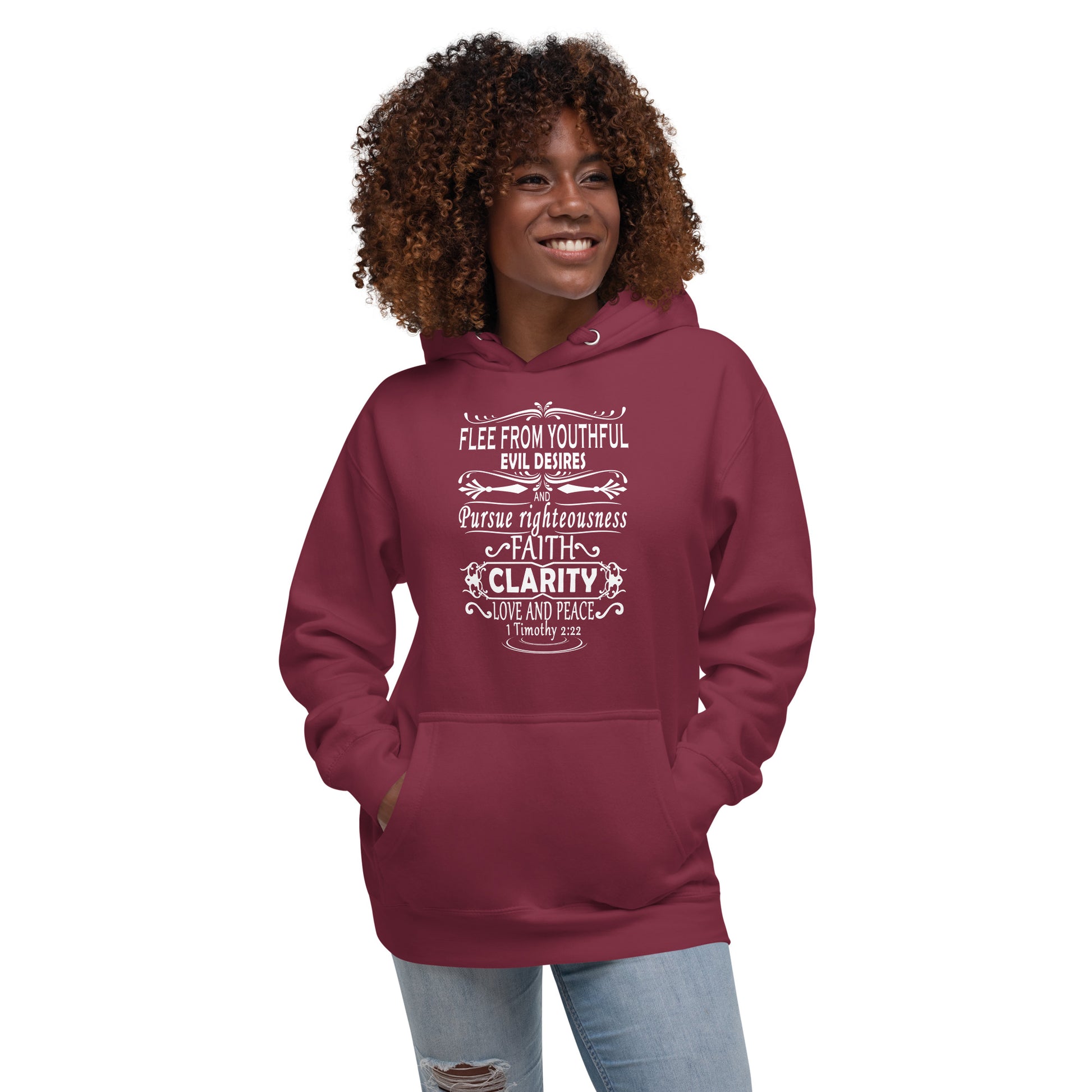 Tees of Worship maroon hoodie with Flee from youthful evil desires faith clarity design