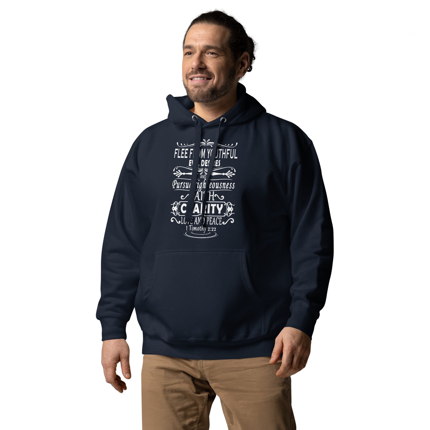 Tees of Worship navy hoodie featuring Flee from youthful evil desires graphic design in white text