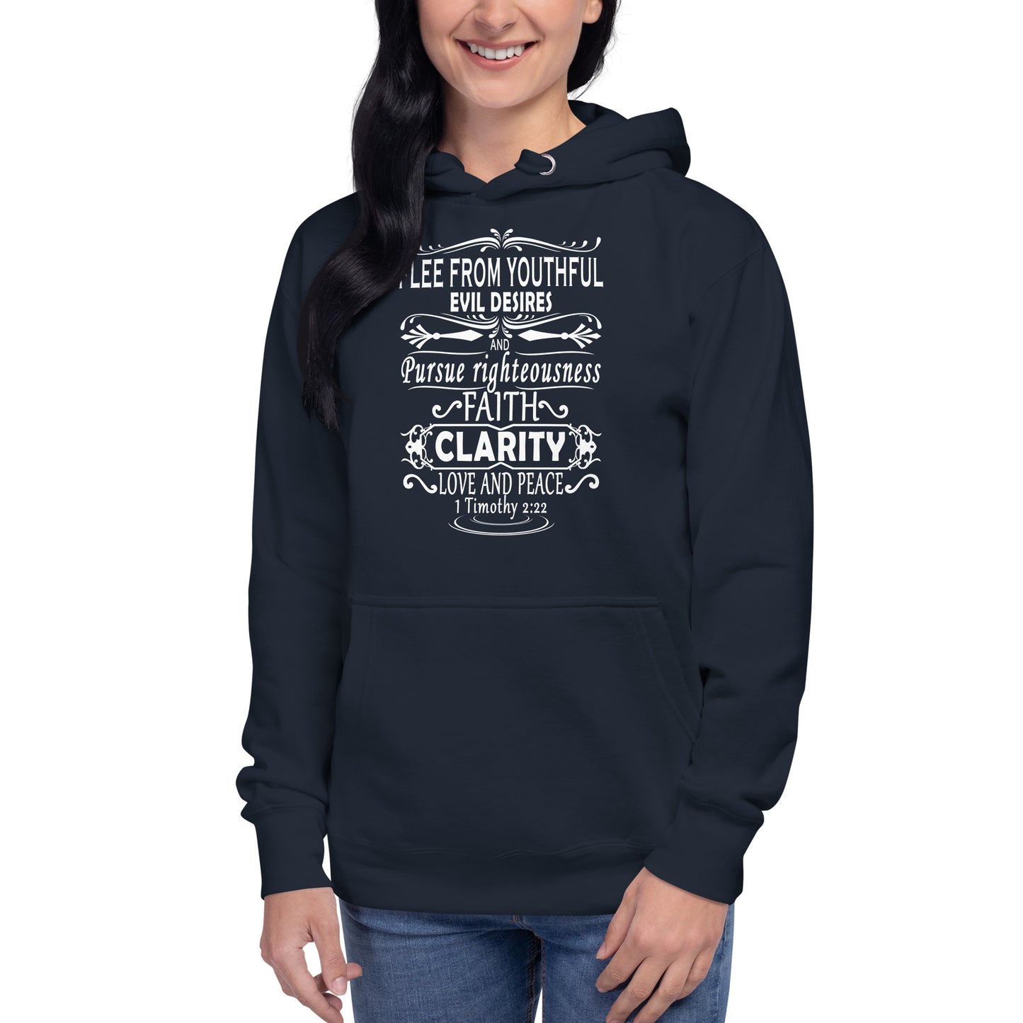 Tees of Worship navy hoodie with Flee from youthful evil desires inspirational Bible verse design