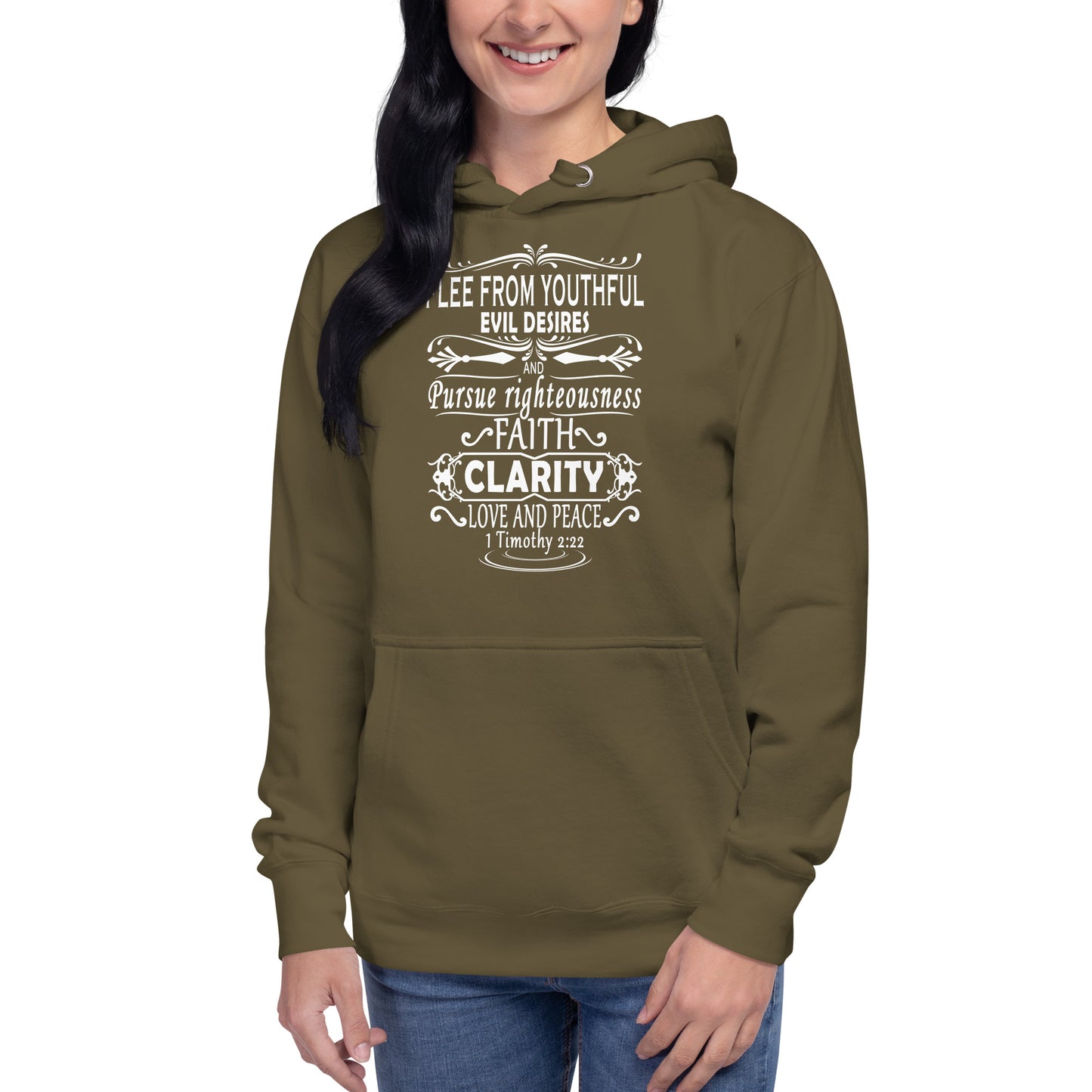 Tees of Worship olive hoodie with white faith scripture text Flee from youthful evil desires design