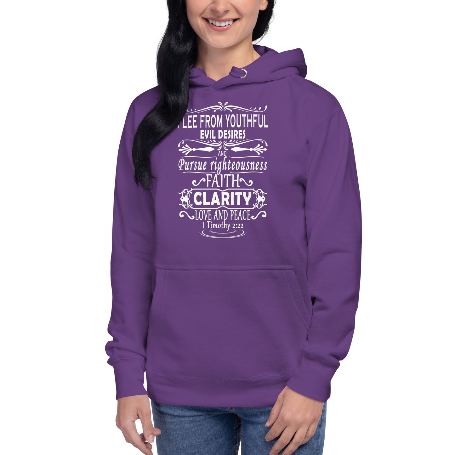 Purple hoodie from Tees of Worship with Flee from youthful evil desires faith clarity and peace design
