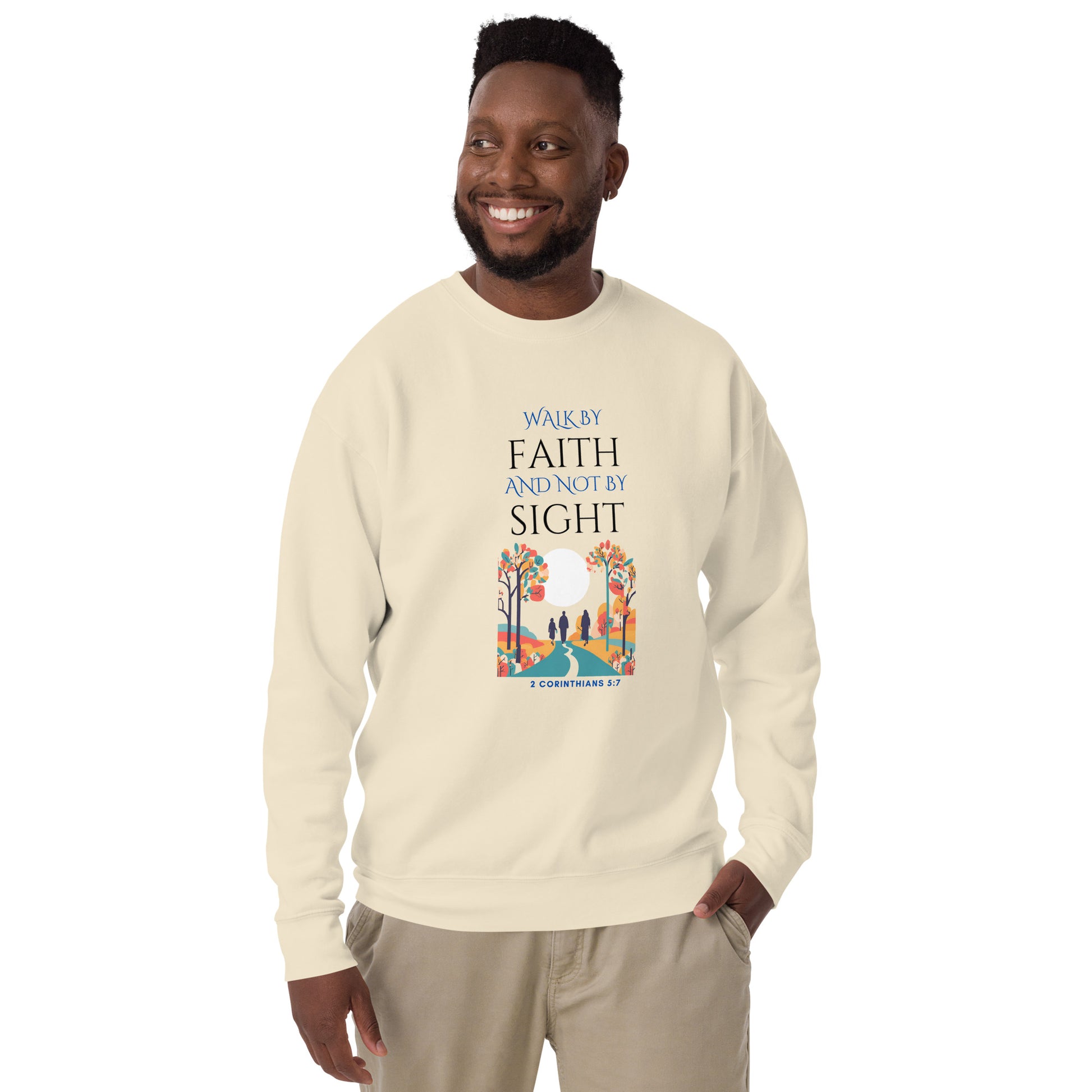 Tees of Worship cream sweatshirt with Walk by faith and not by sight scripture design featuring colorful trees and silhouettes