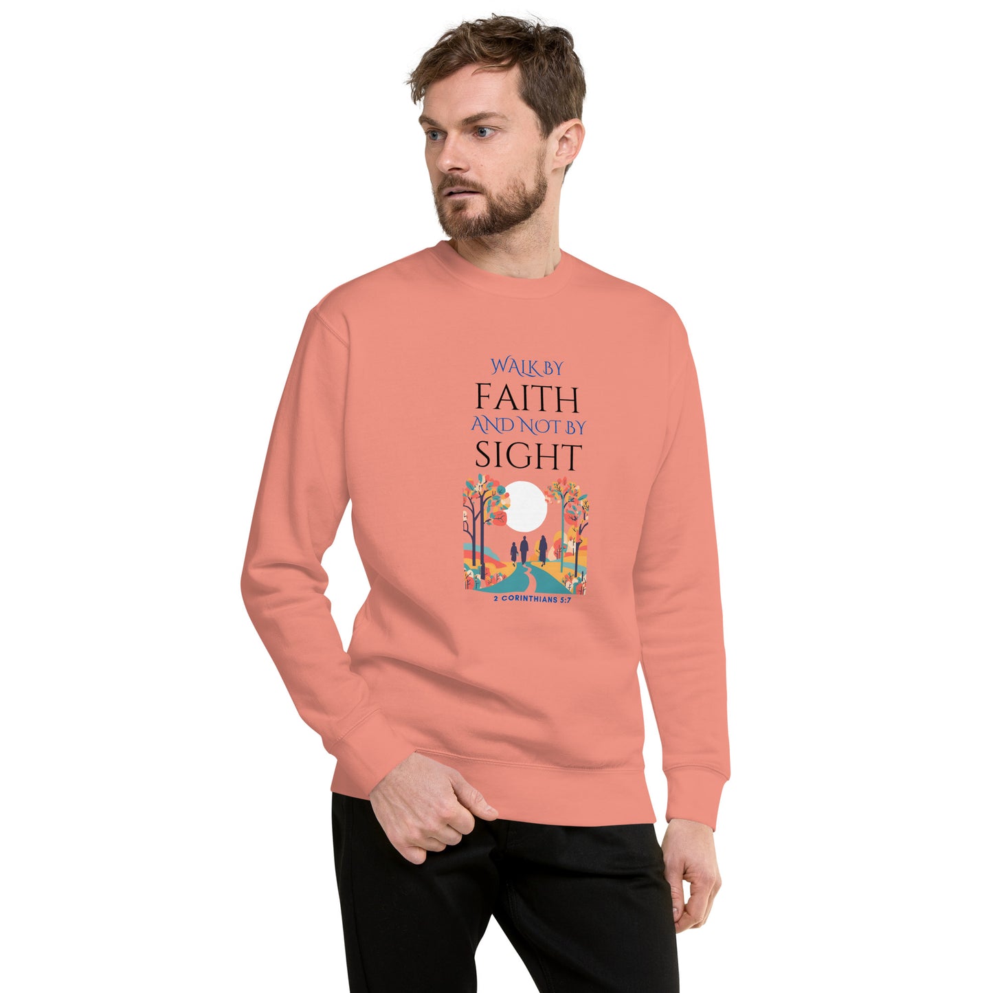 Men's coral sweatshirt from Tees of Worship with Walk by faith and not by sight design and scenic illustration