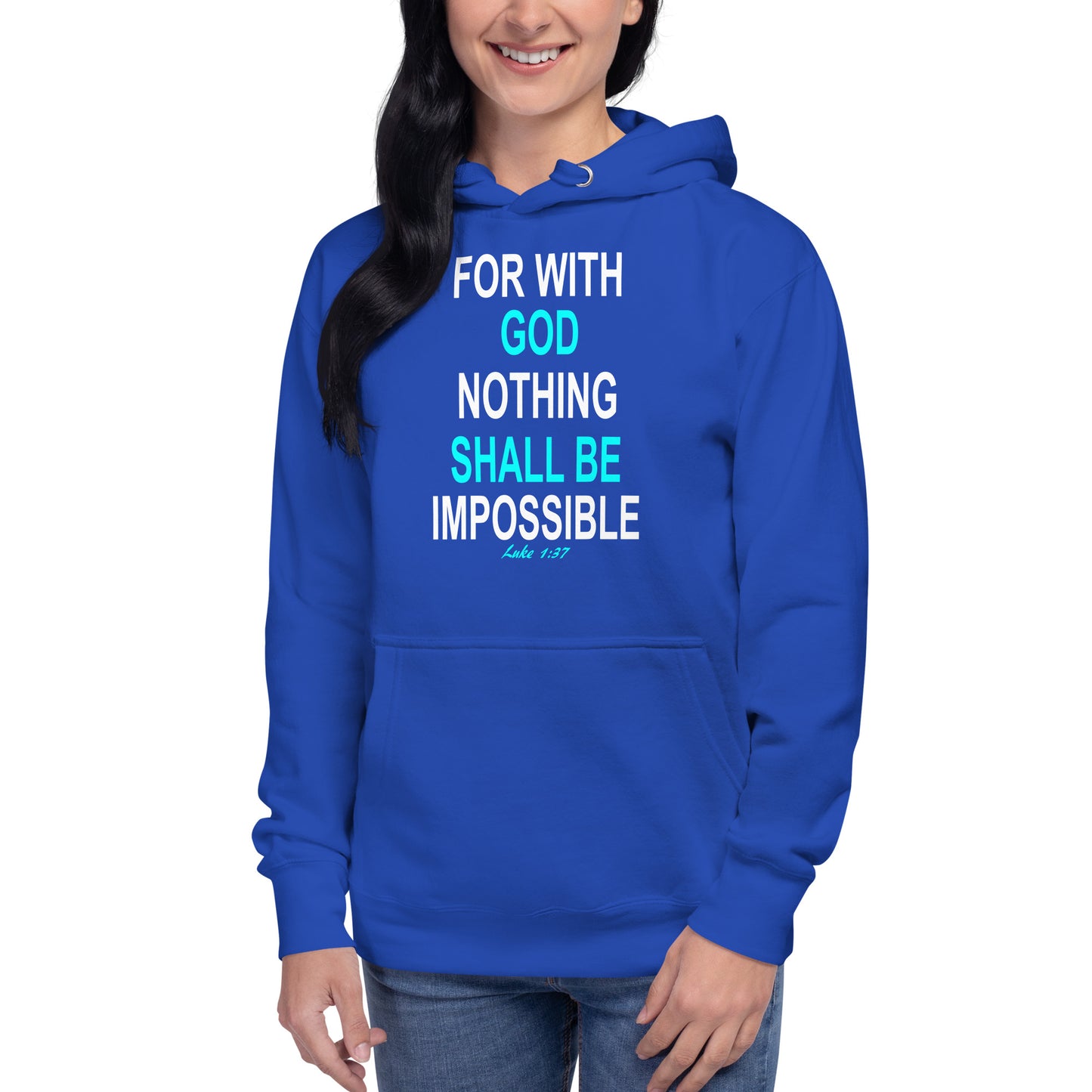 Tees of Worship blue hoodie with God nothing shall be impossible inspirational text design