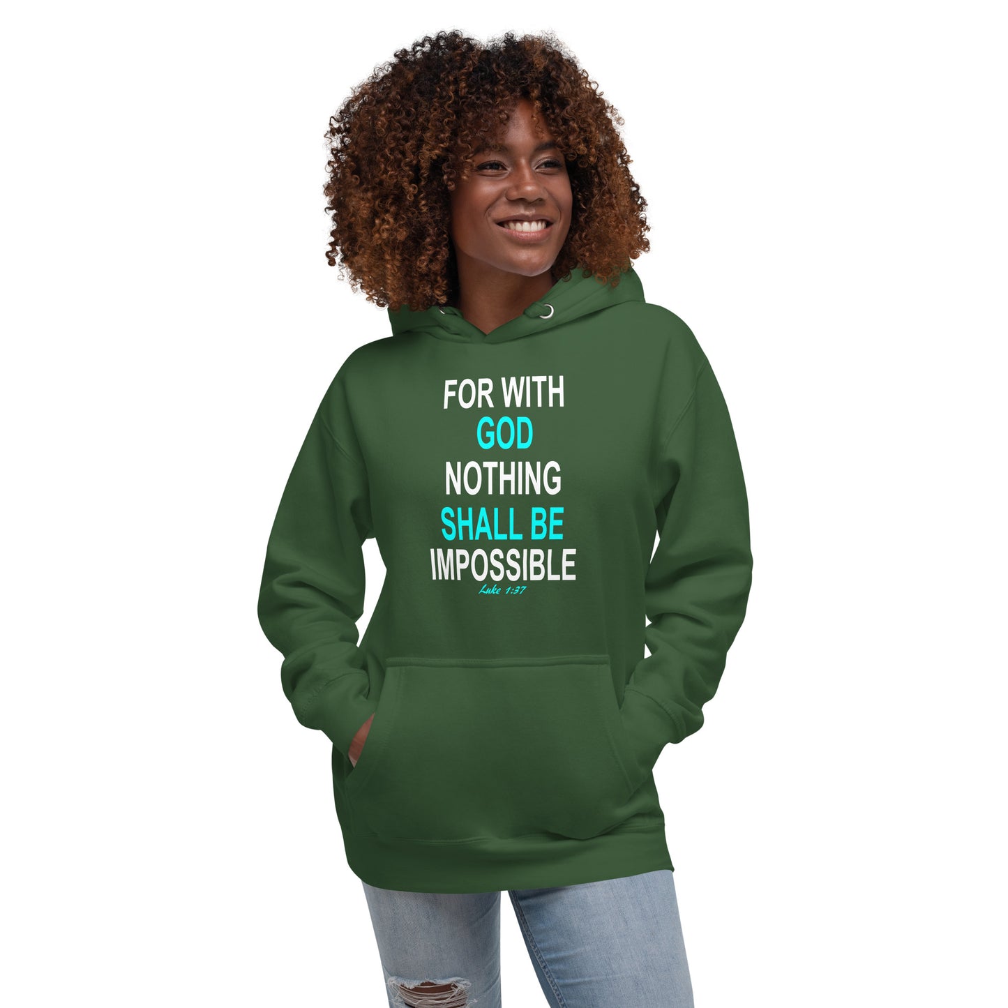 Tees of Worship green hoodie with God nothing shall be impossible quote in white and blue text