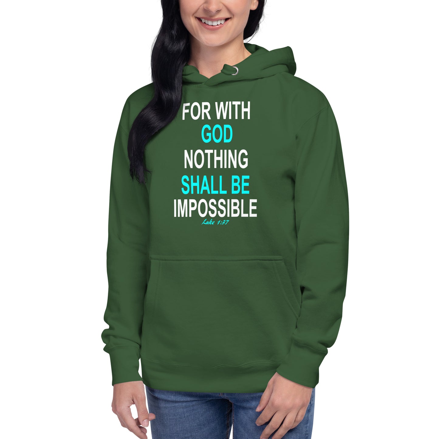 Green hoodie from Tees of Worship with God nothing shall be impossible text design on front
