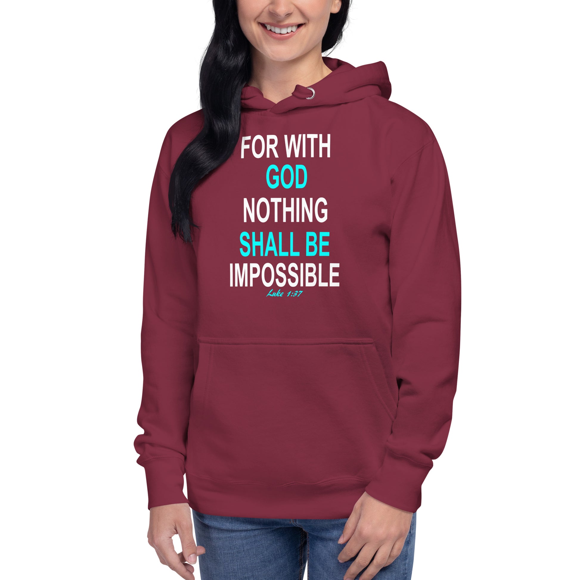Maroon hoodie from Tees of Worship with God nothing shall be impossible Bible verse design