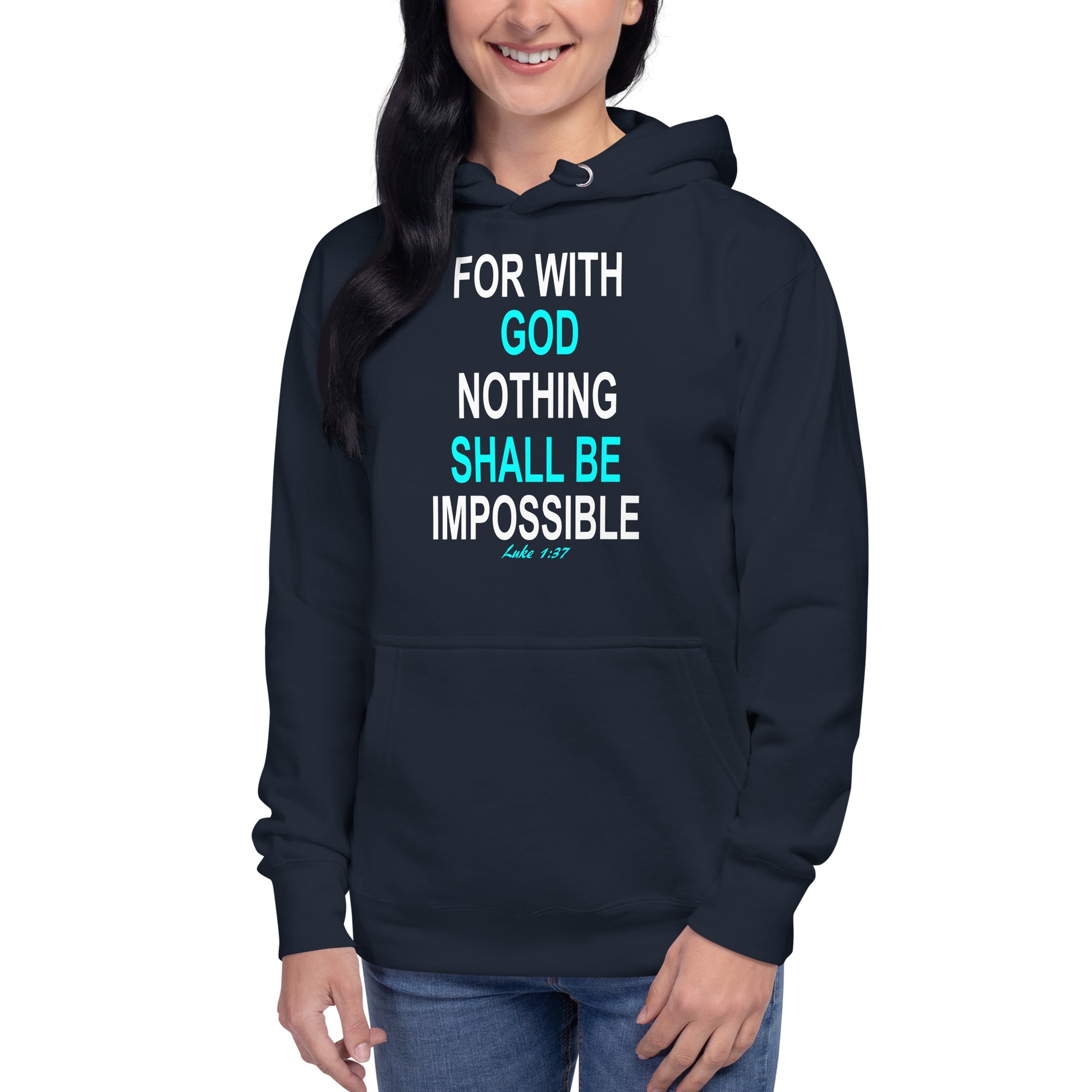 Navy hoodie from Tees of Worship with God nothing shall be impossible quote in white and blue text