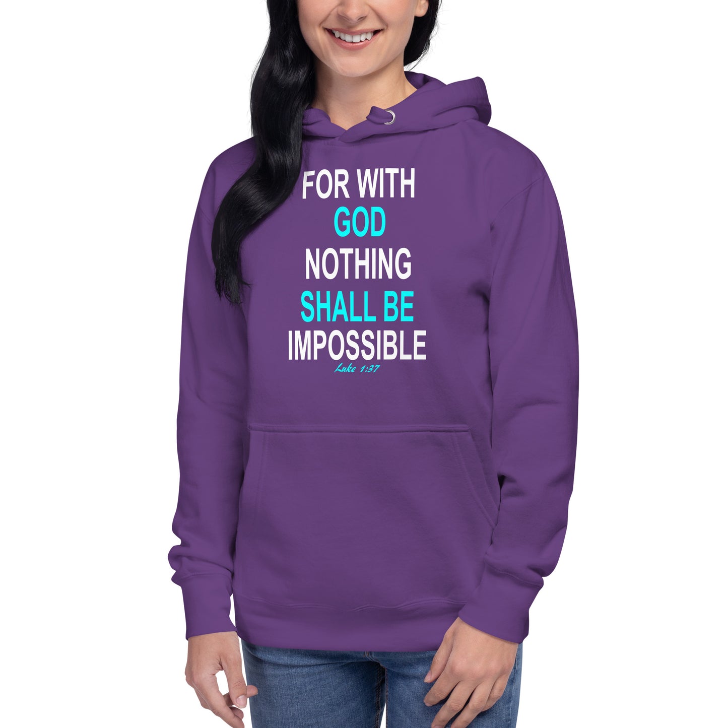 Purple hoodie from Tees of Worship with God nothing shall be impossible text design