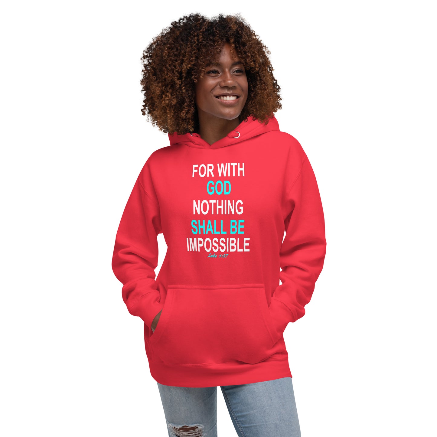 Tees of Worship red hoodie with God nothing shall be impossible text design worn by smiling woman